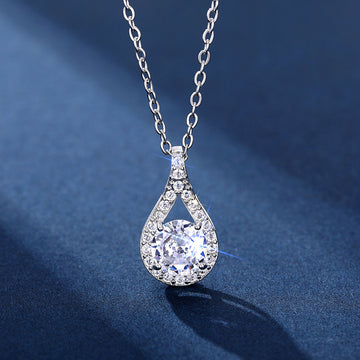 Silver Teardrop Open Halo Clear CZ Pendant Necklace