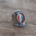 Antique Silver Floral Beaded Oval Cabochon Finger Ring view 1