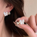 Silver Tone White Butterfly Floral Crystal Stud Earrings view 2