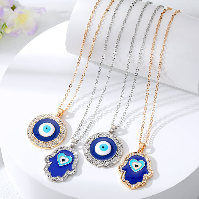 Gold and Silver Tone Crystal Round and Hamsa Evil Eye Necklaces