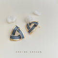 Gray Blue Enamel Triangle Geometric Stud Earrings Gold Rim Pair view 3