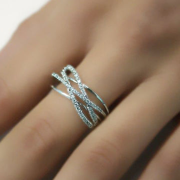 Silver Tone Crisscross Multi Band Ring With Clear Stones