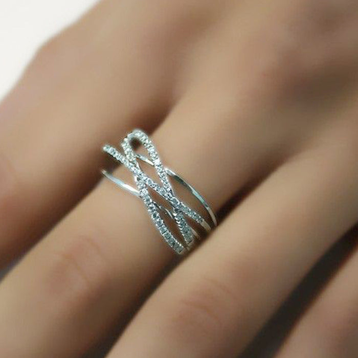 Silver Tone Crisscross Multi Band Ring With Clear Stones
