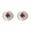 Gold Tone White Round Disc Purple Square Stone Stud Earrings view 5
