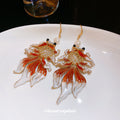 Orange Enamel Goldfish Pearl Drop Hook Earrings With Decorative Metal Accents view 4