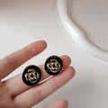 Black Gold Enamel Camellia Round Button Stud Earrings A76 view 2