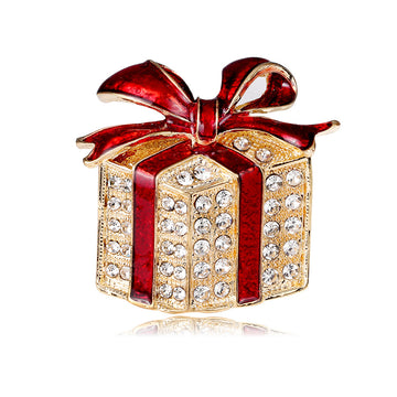 Red Gold Tone Ribbon Bow Crystal Enamel Metal Brooch Pin