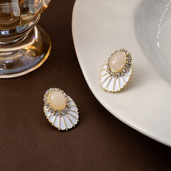 Gold Tone Oval Cabochon White Enamel Fan Stud Earrings