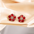 Red Sapphire Rhinestone Flower Stud Earrings Gold Tone view 3