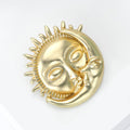 Sun And Moon Face Brooch In Metal With A Sculpted Celestial Face And Radiating Rays view 3