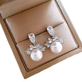 Silver Tone Crystal Leaf and Pearl Look Drop Earrings view 5