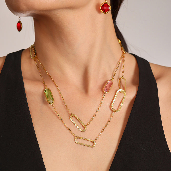Long Gold Link Chain Necklace Czech Glass Oval Stations