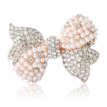 Crystal Bow Brooch with Pearl Loops in Rose Gold and Silver