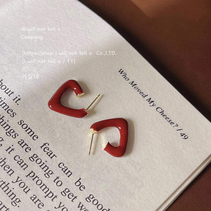 Wine Red Enamel Geometric Triangle Open Stud Earrings