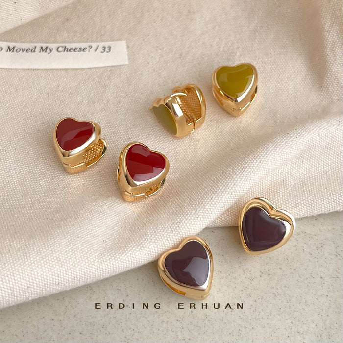 Gold Heart Enamel Stud Earrings Wine Brown Green Three Colors