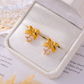 Gold Steel Textured Bow Square Zircon Drop Stud Earrings view 4