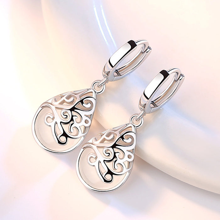 Silver Filigree Teardrop Cat Eye Drop Earrings Pink White