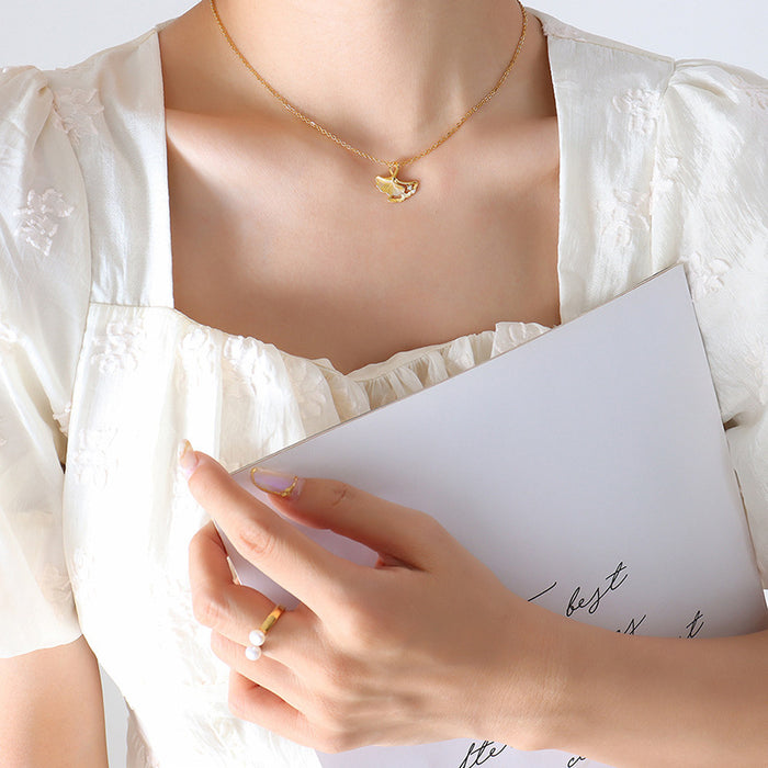 Gold Ginkgo Leaf Pendant Necklace With Zircon Accent