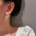 Pearl Top Earrings With Crystal Chain Fringe Fashion Jewelry Accessories view 3