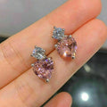 Silver Tone Pink Heart Clear Round Drop Stud Earrings view 3