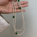 White Pearl Green Bead Gold Spacer Multi Strand Necklace view 4
