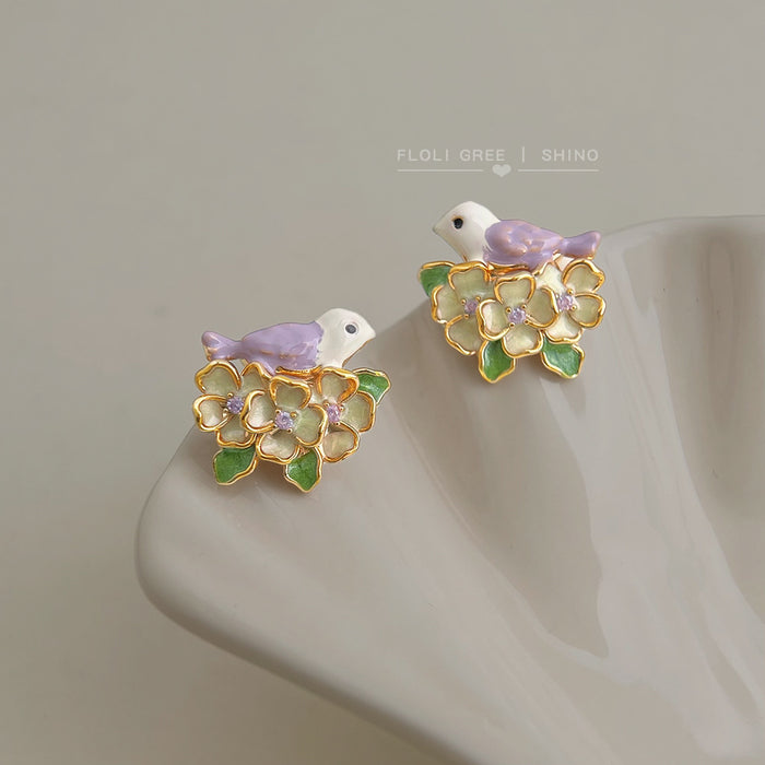 Gold Enamel Bird Camellia Flower Zircon Stud Earrings