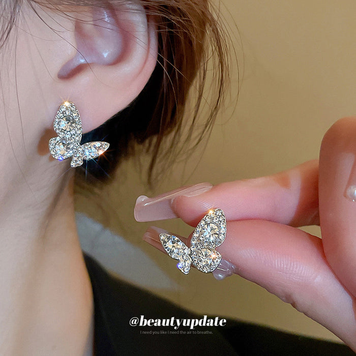 Silver-Tone Crystal Butterfly Stud Earrings For Women