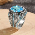 Aqua Oval Stone Engraved Signet Ring In Antiqued Silver Tone view 3
