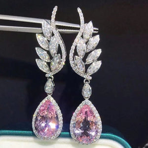 Pink Teardrop Crystal Wing Drop Earrings With Clear Stone Accents