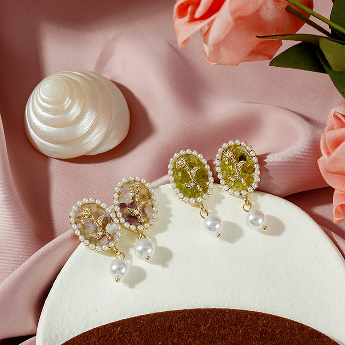 Oval Resin Cabochon Pearl Drop Earrings Gold Rose Motif