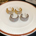 Wide Silver Tone Crystal C Hoop Stud Earrings with Stone Rows view 3