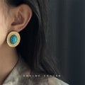 Gold Oval Turquoise Cabochon Stud Earrings Rope Twist Frame view 2