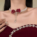Burgundy Bow Crystal Choker Necklace With Pearl Chain Drop view 3