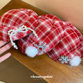 Red Plaid Mini Hat Hair Clips With Snowflake And Pom Pom view 2