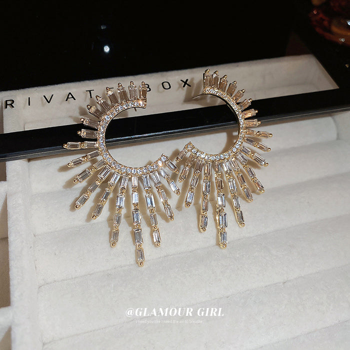 Gold Tone Radiating Crystal Open Hoop Earrings Fashion Jewelry