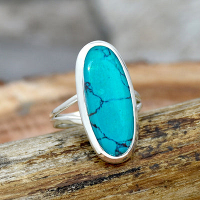 Silver Tone Oval Turquoise Look Statement Ring Polished Metal Jewelry alternate close-up view