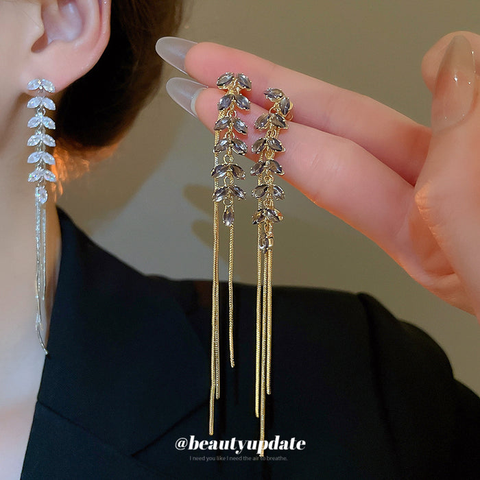 Purple Crystal Leaf Chain Tassel Stud Earrings Fashion Jewelry