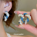 Blue Denim And Pearl Twisted Hoop Earrings Statement Jewelry view 2