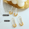 Safety Pin Style Faux Pearl Drop Earrings Gold Steel view 2