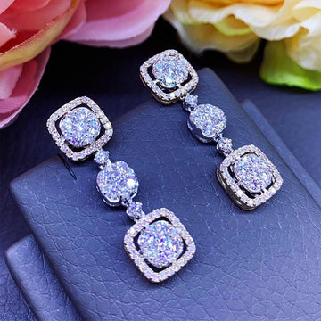 Triple Square Halo Dangle Earrings White Gold Gold