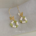 Gold Tone Green Chip Pearl Like Wreath Butterfly Hook Earrings view 4
