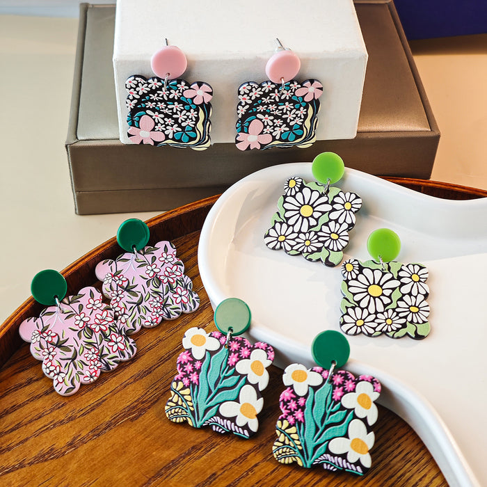 Acrylic Floral Scalloped Drop Earrings Three Print Designs