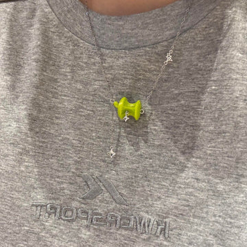 Bright Green Apple Pendant Silver Tone Chain Necklace