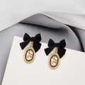 Black Fabric Bow and Pearl Look Oval Dangle Earrings view 2