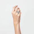 Blue and White Enamel Orchid Cluster Ring in Silver Tone view 3