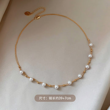 White Pearl Beaded Necklace with Gold Tone Chain Fashion Jewelry