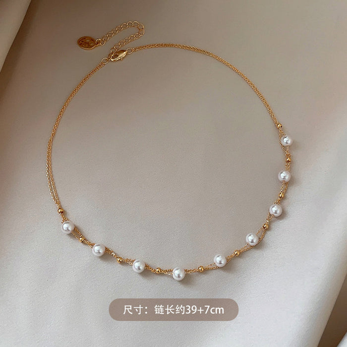 White Pearl Beaded Necklace with Gold Tone Chain Fashion Jewelry