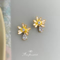 Gold Yellow White Enamel Daisy Stud Earrings Teardrop Crystal view 4