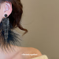 Black Crystal Fringe Clip Earrings With Feather Tassels view 3