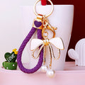White Enamel Bow Keychain with Crystal Ribbons and Pearl Dangles view 2